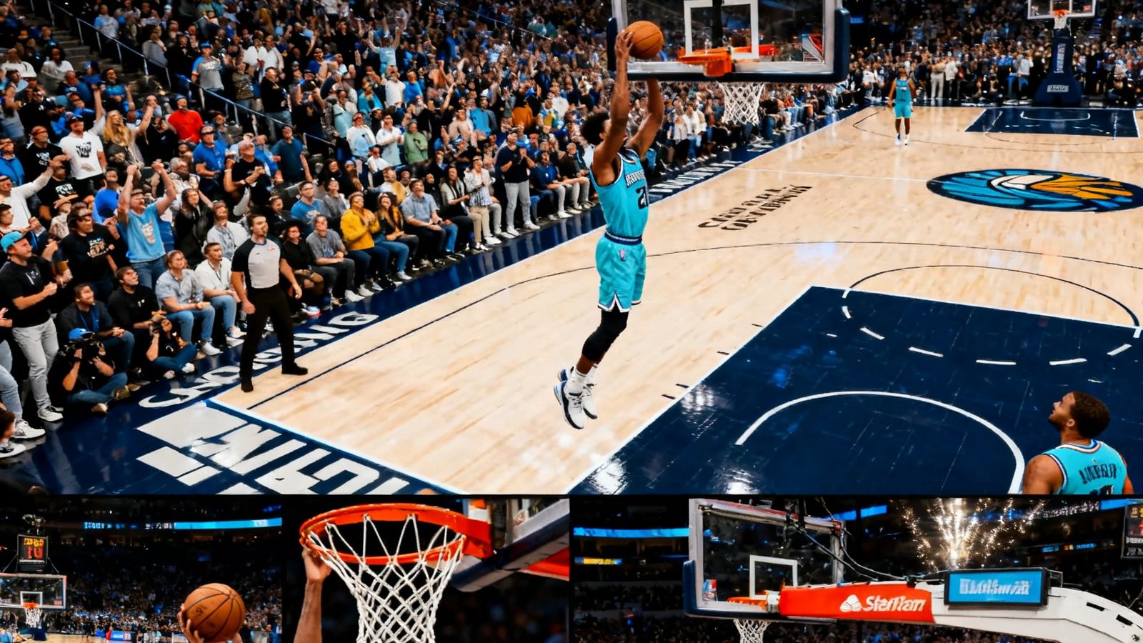 NBA高清直播画面，多机位切换，球员正在扣篮，观众席沸腾